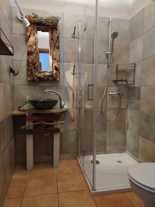 Bad mit Dusche und Steinwaschbecken